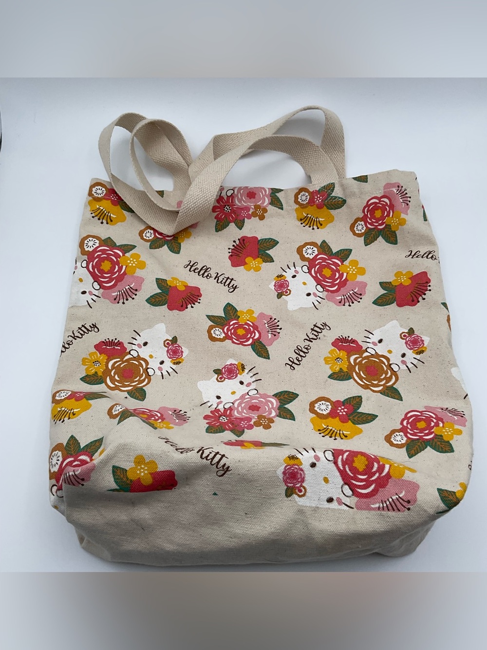 Hello Kitty Beige Floral Canvas Tote with Pink & Yellow Flowers